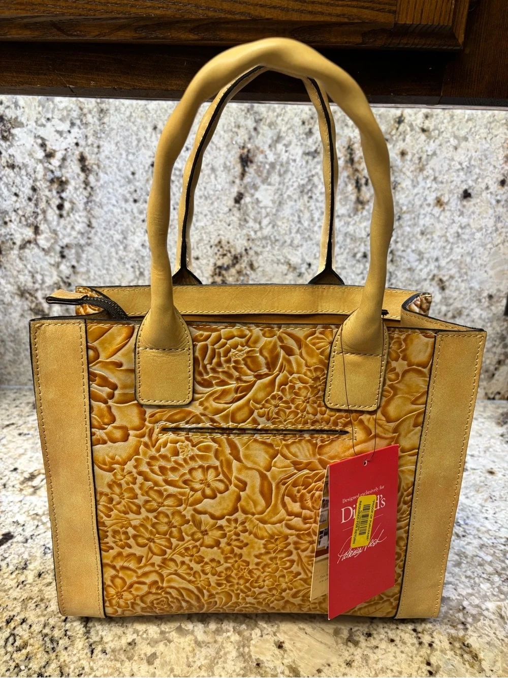 Patricia Nash Mustard Yellow Tan Floral Embossed Leather Satchel